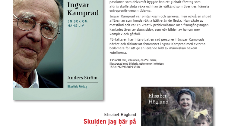 Biografi om Ingvar Kamprad och Elisabet Höglund om sin okända syster bland Ekerlids Förlags höstutgivning