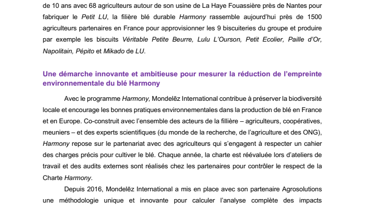 Mondelēz International utilise des indicateurs innovants de performance environnementale pour évaluer l’impact de son programme de blé durable Harmony