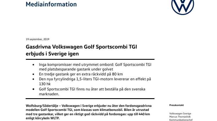 Gasdrivna Volkswagen Golf Sportscombi TGI erbjuds i Sverige igen