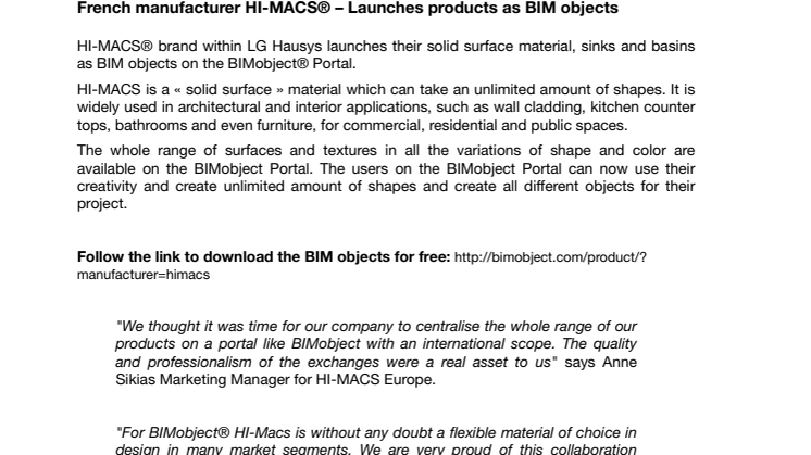 French manufacturer HI-MACS® – Launches products as BIM objects
