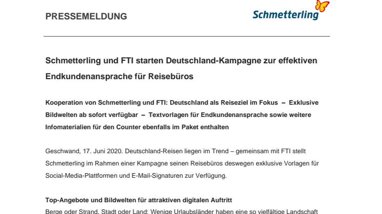 Schmetterling und FTI starten Deutschland-Kampagne zur effektiven Endkundenansprache für Reisebüros
