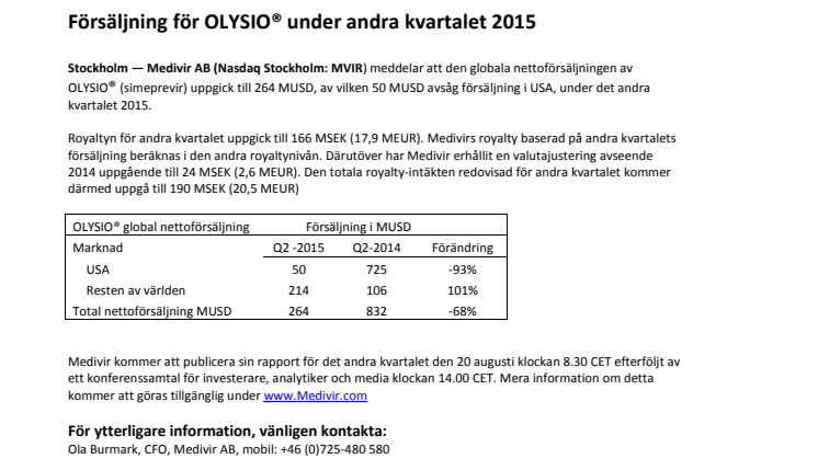 Försäljning för OLYSIO® under andra kvartalet 2015