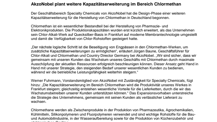 AkzoNobel plant weitere Kapazitätserweiterung im Bereich Chlormethan