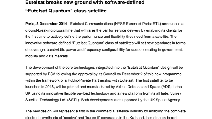 Eutelsat breaks new ground with software - defined “Eutelsat Quantum" class satellite