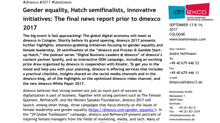 Gender equality, Hatch semifinalists, innovative initiatives: The final news report prior to dmexco 2017