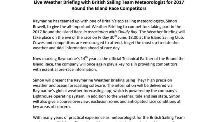 Raymarine: Live Weather Briefing with British Sailing Team Meteorologist for 2017 Round the Island Race Competitors 