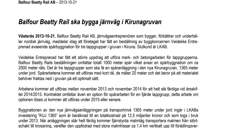 Balfour Beatty Rail ska bygga järnväg i Kirunagruvan