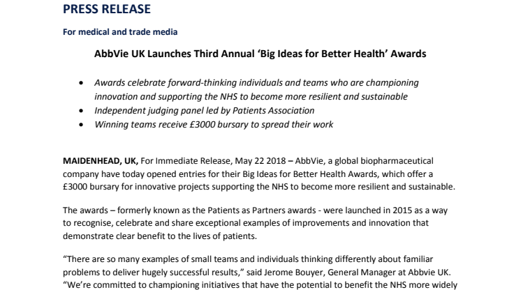 AbbVie UK Launches Third Annual ‘Big Ideas for Better Health’ Awards