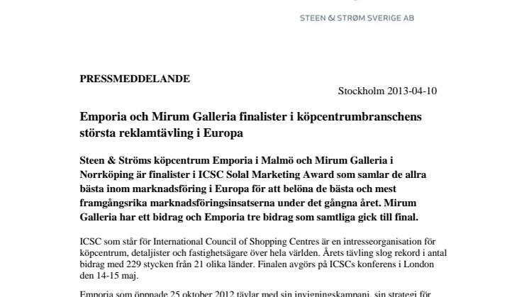 Emporia och Mirum Galleria finalister i köpcentrumbranschens största reklamtävling i Europa