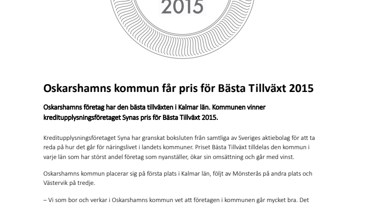 Oskarshamns kommun får pris för Bästa Tillväxt 2015