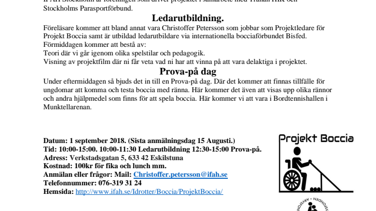 Projekt Boccia - Ledarutbildning och prova-på dag i Eskilstuna 1/9