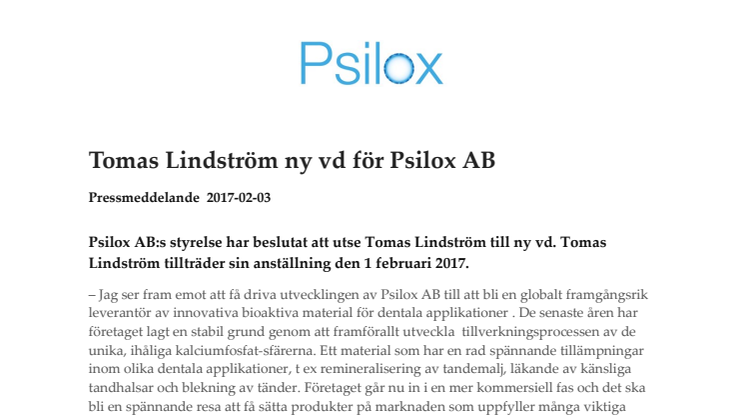 Tomas Lindström ny vd för Psilox AB