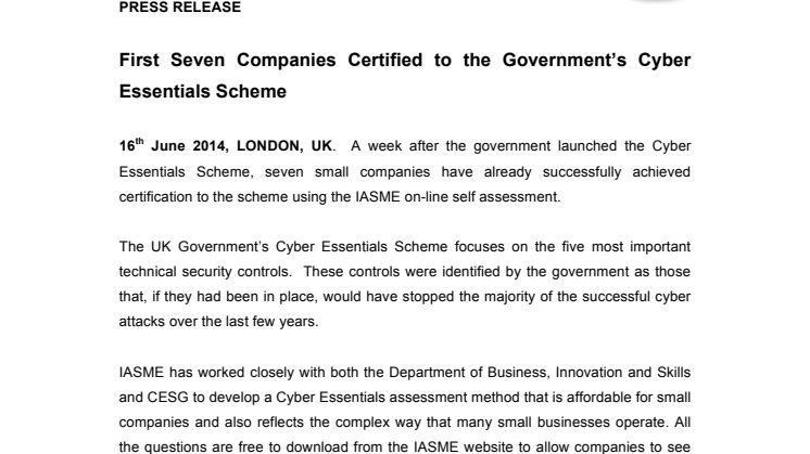 First Seven Companies Certified to the Government’s Cyber Essentials Scheme