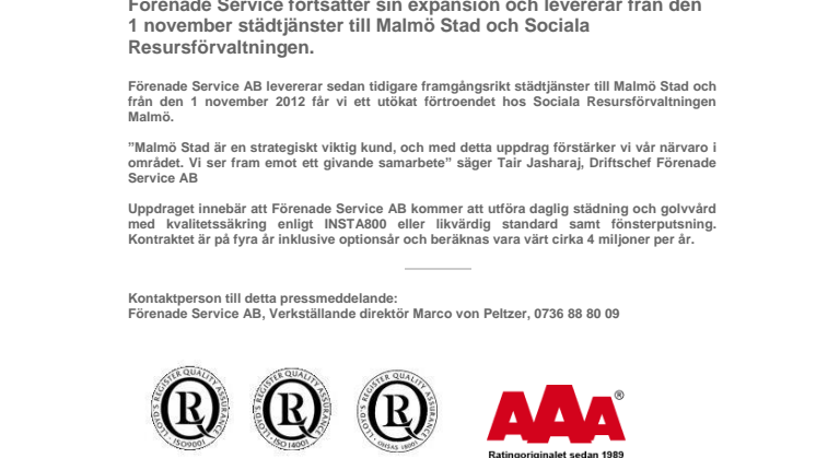 Förenade Service AB - Vinner nytt kontrakt med Malmö Stad