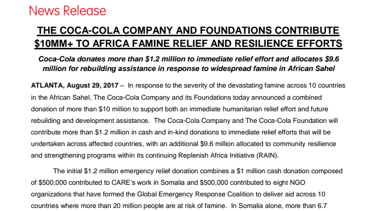 Coca-Cola lahjoittaa yli 10 miljoonaa dollaria Afrikan nälänhädän kriisihoitoon ja jälleenrakennukseen