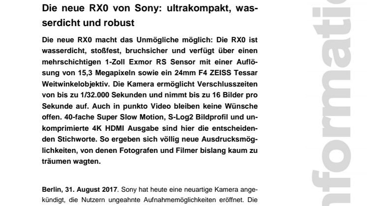 Die neue RX0 von Sony: ultrakompakt, wasserdicht und robust