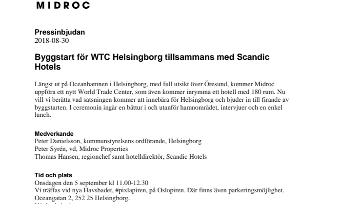 Midroc bjuder in till byggstart för WTC Helsingborg  tillsammans med Scandic Hotels