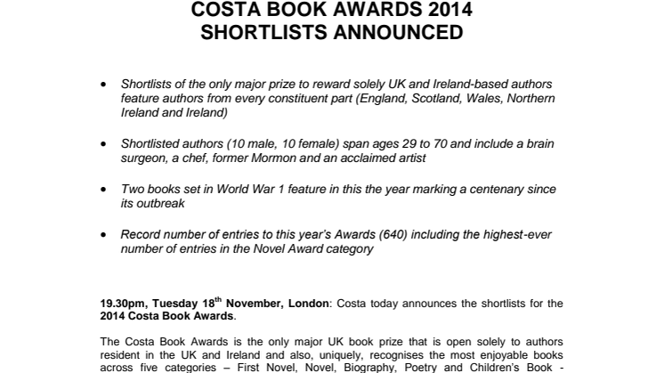 Costa Book Awards 2014 Shortlists Announced