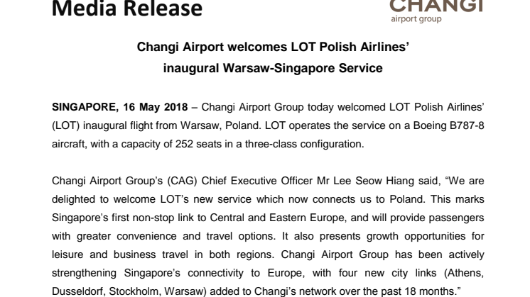 Changi Airport welcomes LOT Polish Airlines’ inaugural Warsaw-Singapore Service