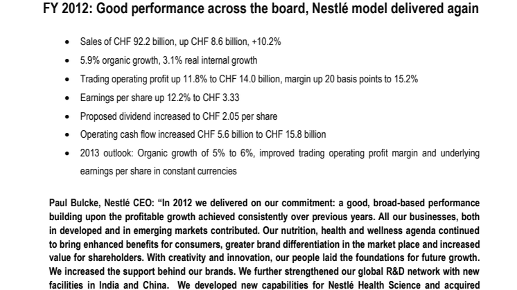 Nestlés globala årsresultat för 2012