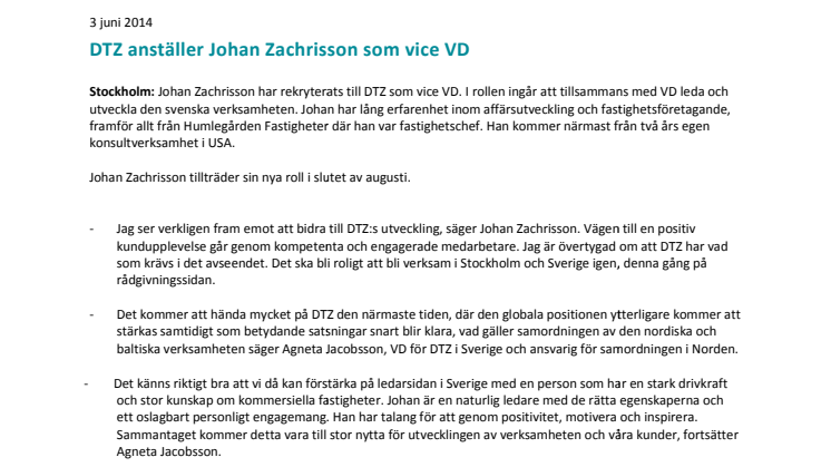 DTZ anställer Johan Zachrisson som vice VD