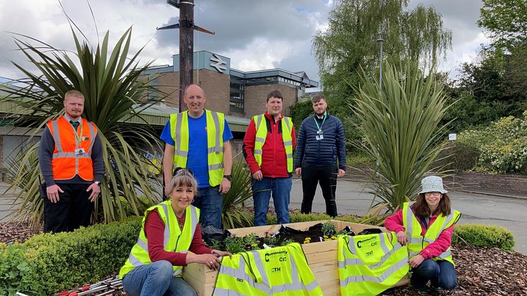 Station assistant Luke Stanyard, back left, and duty station manager Max Rumsey-Kane, back right, with volunteers at Tamworth station