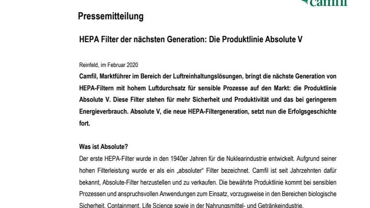 HEPA Filter der nächsten Generation: Die Produktlinie Absolute V  