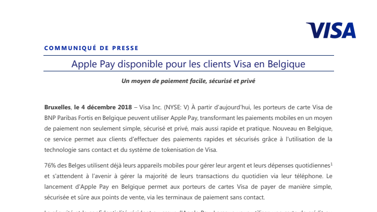 Apple Pay disponible pour les clients Visa en Belgique