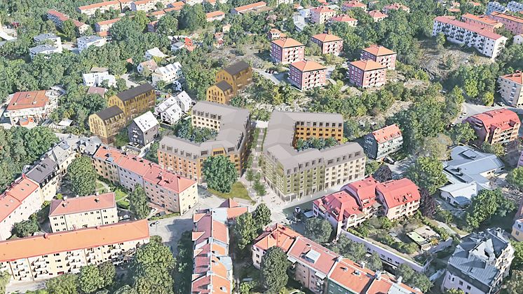 De nya kvarteren i mitten av bilden, formade som hästskor, byggs precis intill tunnelbanestationen och smälter in i Aspuddens befintliga bostadsområde. Illustration: DinellJohansson