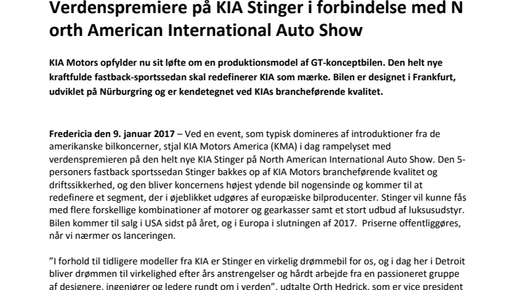 Verdenspremiere på KIA Stinger i forbindelse med North American International Auto Show