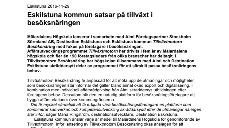Eskilstuna kommun satsar på tillväxt i besöksnäringen
