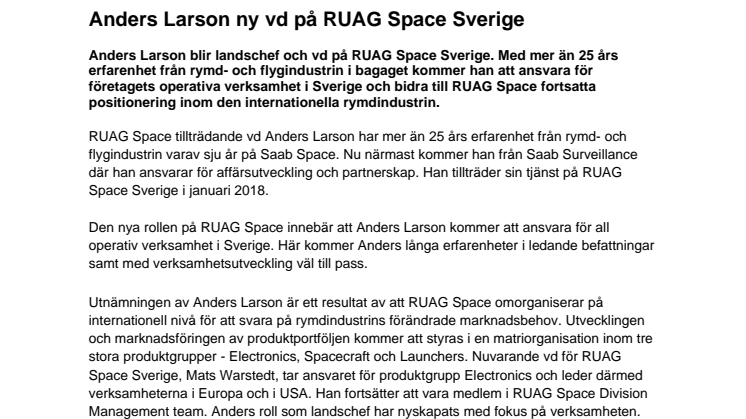 Anders Larson ny vd på RUAG Space Sverige