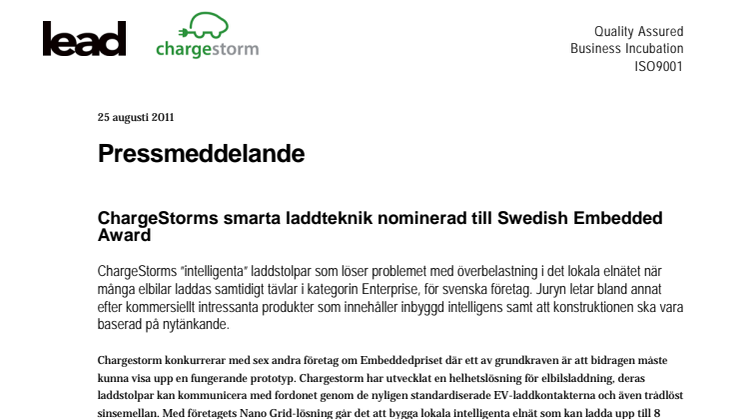 ChargeStorms smarta laddteknik nominerad till Swedish Embedded Award