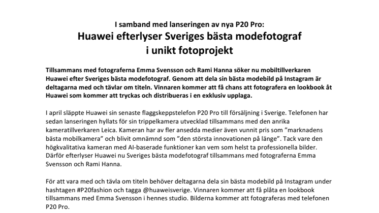 I samband med lanseringen av nya P20 Pro: Huawei efterlyser Sveriges bästa modefotograf  i unikt fotoprojekt