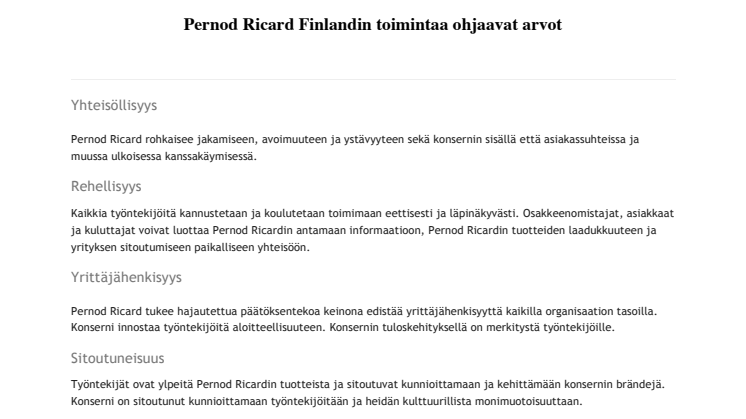 Pernod Ricard Finlandin toimintaa ohjaavat arvot