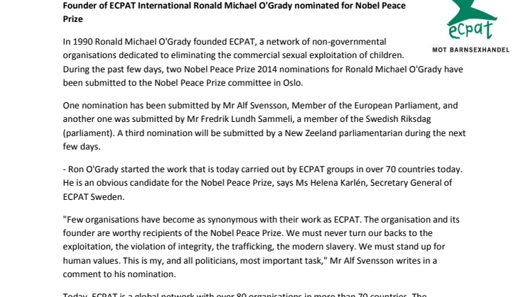 Founder of ECPAT International Ronald Michael O'Grady nominated for Nobel Peace Prize