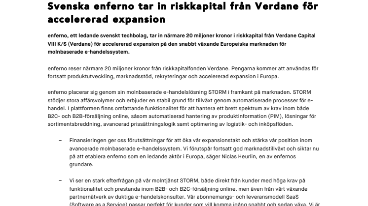 Svenska enferno tar in riskkapital från Verdane för accelererad expansion