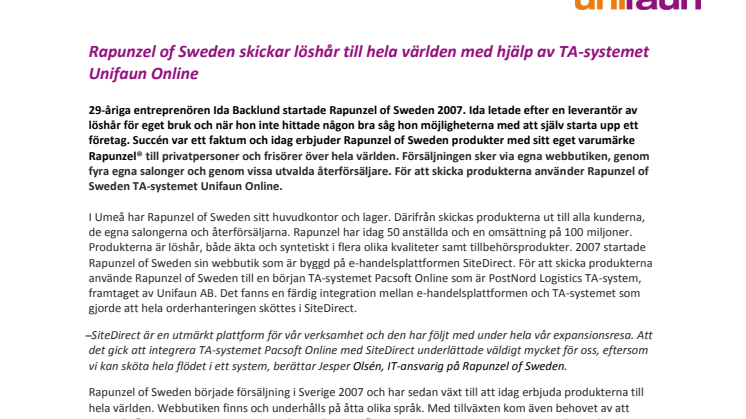 Rapunzel of Sweden skickar löshår till hela världen med hjälp av TA-systemet Unifaun Online