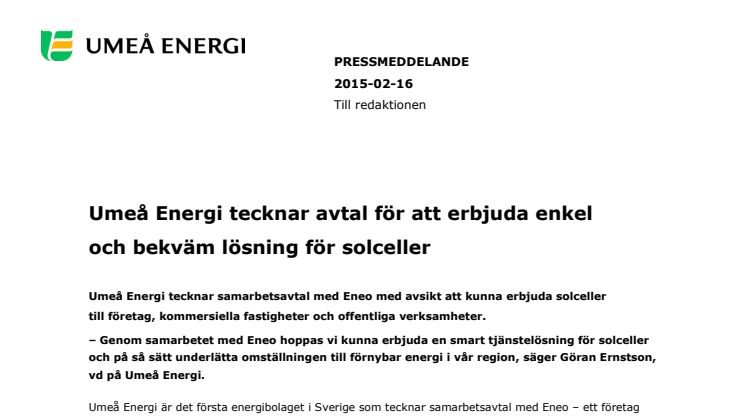 Umeå Energi tecknar avtal för att erbjuda enkel och bekväm lösning för solceller