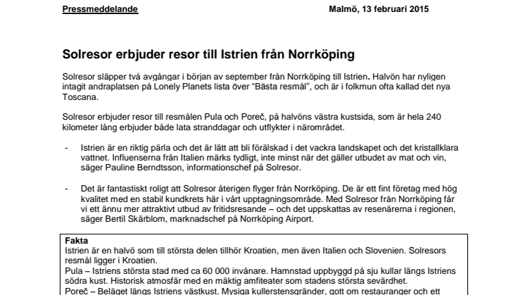 Solresor erbjuder resor till Istrien från Norrköping