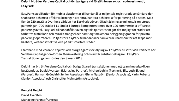 Delphi biträder Verdane Capital och övriga ägare vid försäljningen av, och co-investment i, EasyPark
