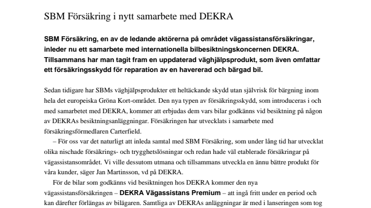 SBM Försäkring i nytt samarbete med DEKRA 