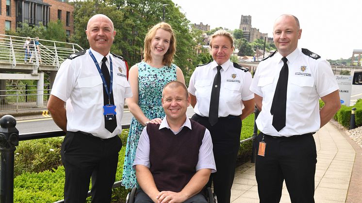 Dr Colin Richardson, front, with l-r Paul Cummings (Group Manager for Training), Juliet Kele (Northumbria University), Sarah Nattress Director of Emergency Response), Justin Parry (Group Manager of Emergency Response).