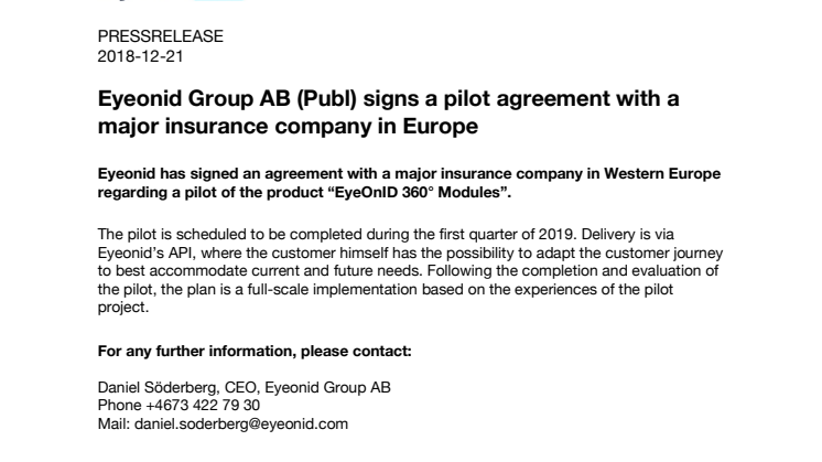 Eyeonid Group AB (Publ) signs a pilot agreement with a major insurance company in Europe 