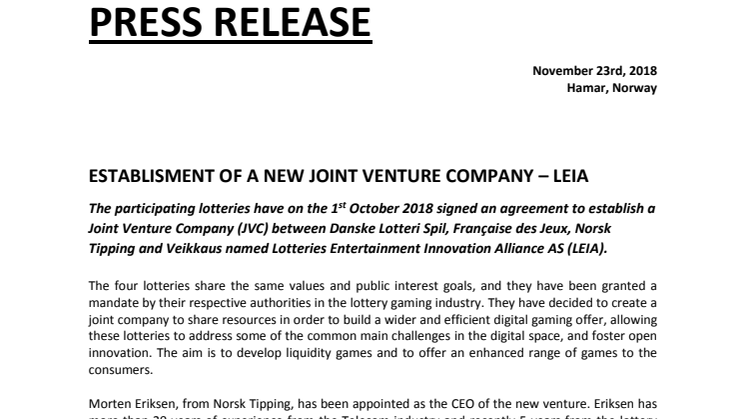 ESTABLISMENT OF A NEW JOINT VENTURE COMPANY – LEIA