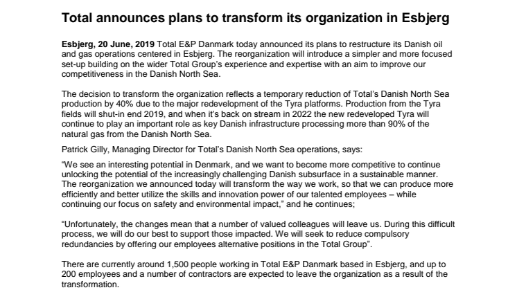 Total annoncerer planer om at transformere organisationen i Esbjerg
