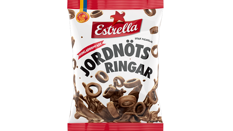 Chokladdoppade Jordnötsringar 100g, ett samarbete mellan Candy People och Estrella, 2021.