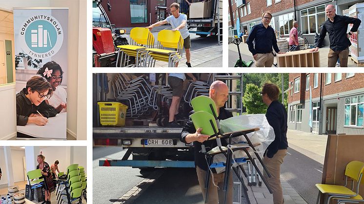 Såväl volontärer som anställda på Lekolar och Communityskolan fanns på plats för att bära in bord, stolar, golvskärmar och annat i den nyrenoverade skolan.