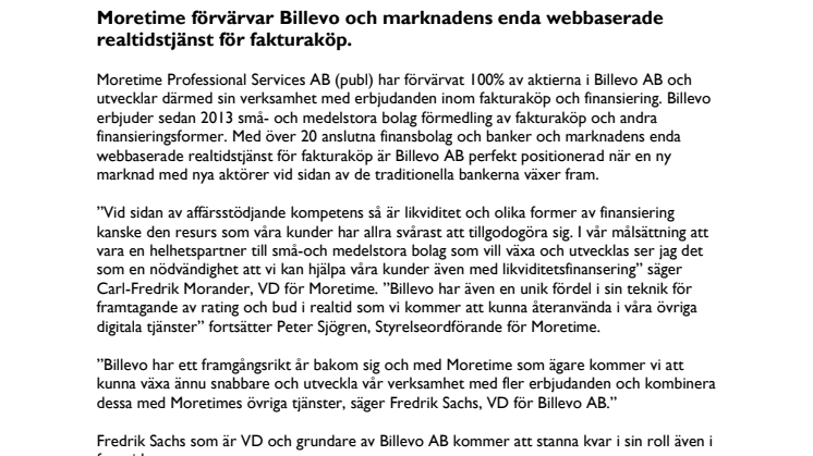 Moretime förvärvar Billevo och marknadens enda webbaserade realtidstjänst för fakturaköp.