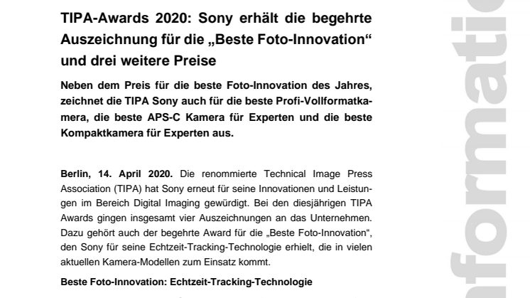 TIPA-Awards 2020: Sony erhält die begehrte Auszeichnung für die „Beste Foto-Innovation“ und drei weitere Preise